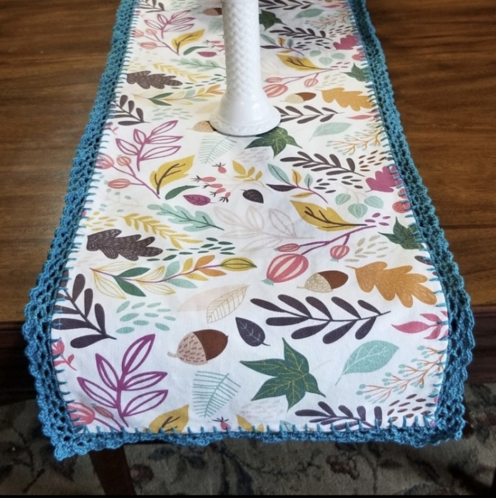 Table runner hand crochet border fall blue teal